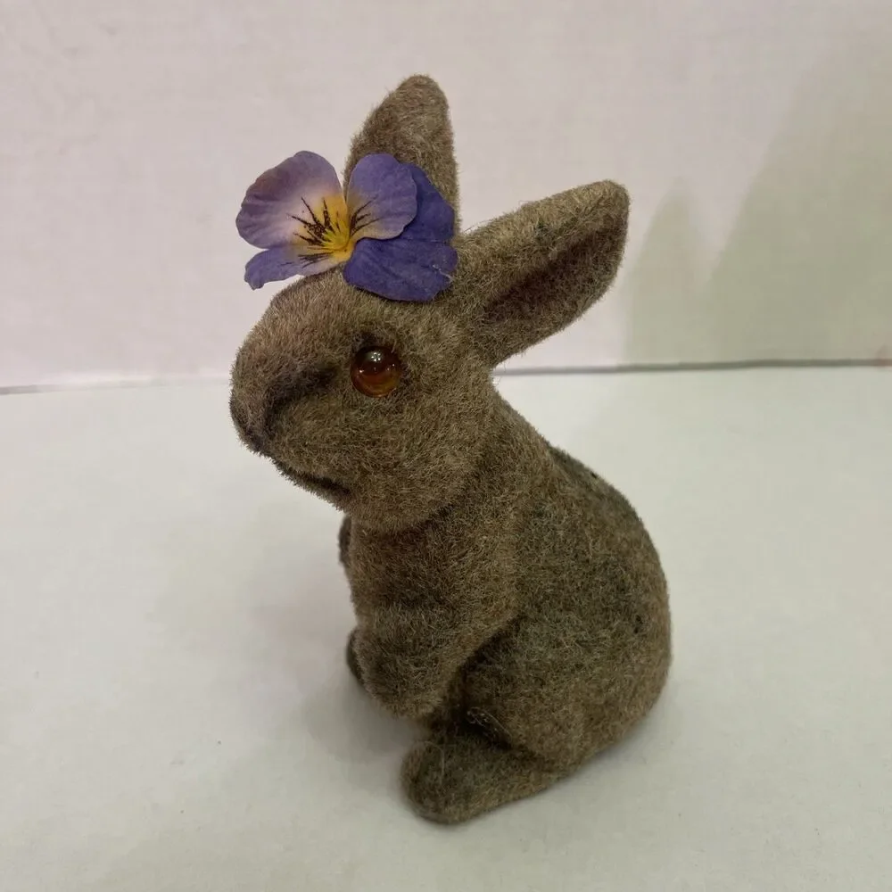 Vtg Flocked Fuzzy Brown Bunny Rabbit Animal Figure Coin Bank Piggy Bank Pansy 6”